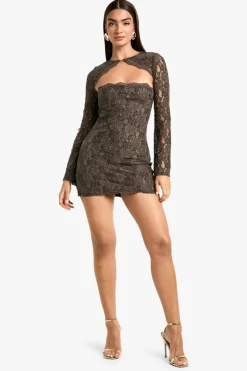 Mini Dresses|Long Sleeve Dresses*boohoo Velvet Lace Bolero Mini Dress taupe