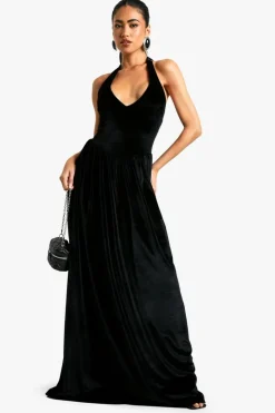 Skater Dresses*boohoo Velvet Milkmaid Scoop Neck Maxi Dress black