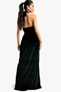 Skater Dresses*boohoo Velvet Milkmaid Scoop Neck Maxi Dress black