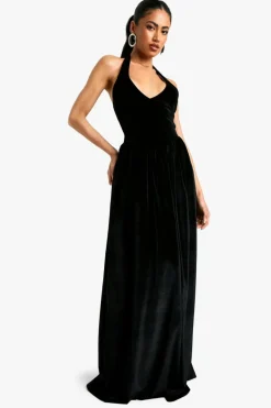 Skater Dresses*boohoo Velvet Milkmaid Scoop Neck Maxi Dress black