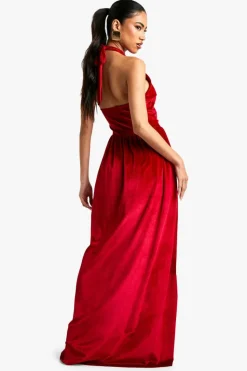 Skater Dresses*boohoo Velvet Milkmaid Scoop Neck Maxi Dress red