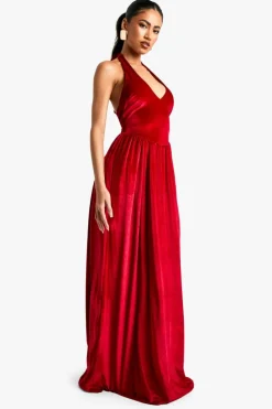 Skater Dresses*boohoo Velvet Milkmaid Scoop Neck Maxi Dress red