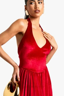 Skater Dresses*boohoo Velvet Milkmaid Scoop Neck Maxi Dress red
