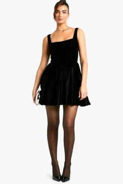 Skater Dresses|Mini Dresses*boohoo Velvet Milkmaid Square Neck Mini Dress black