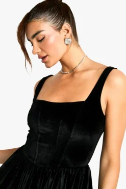 Skater Dresses|Mini Dresses*boohoo Velvet Milkmaid Square Neck Mini Dress black