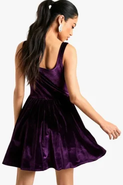 Mini Dresses|Skater Dresses*boohoo Velvet Milkmaid Square Neck Mini Dress plum