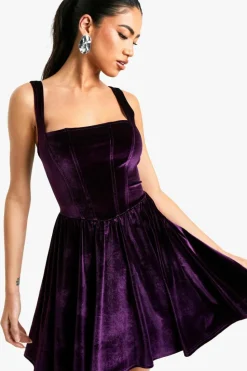 Mini Dresses|Skater Dresses*boohoo Velvet Milkmaid Square Neck Mini Dress plum
