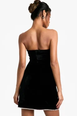 Skater Dresses*boohoo Velvet Pearl Trim Bandeau Skater Dress black