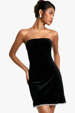 Mini Dresses|Dresses*boohoo Velvet Pearl Trim Bandeau Mini Dress black
