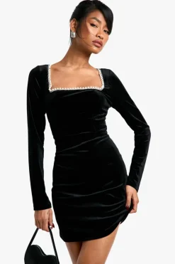 Mini Dresses|Long Sleeve Dresses*boohoo Velvet Pearl Trim Square Neck Structured Mini Dress black