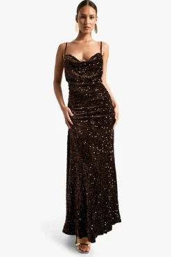 Maxi Dresses|Dresses*boohoo Velvet Sequin Cowl Neck Slip Maxi Dress chocolate