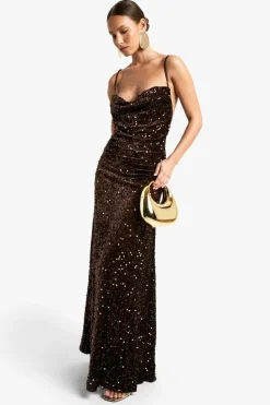 Maxi Dresses|Dresses*boohoo Velvet Sequin Cowl Neck Slip Maxi Dress chocolate