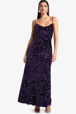 Maxi Dresses|Dresses*boohoo Velvet Sequin Cowl Neck Slip Maxi Dress purple