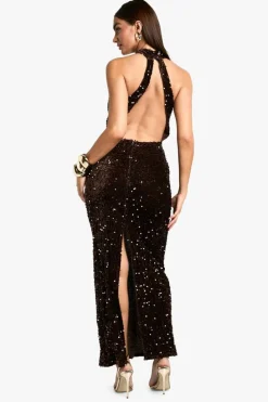 Maxi Dresses|Dresses*boohoo Velvet Sequin Halterneck Slip Maxi Dress chocolate