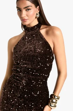 Maxi Dresses|Dresses*boohoo Velvet Sequin Halterneck Slip Maxi Dress chocolate