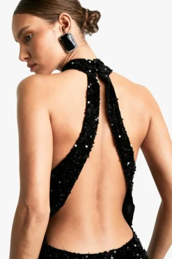Maxi Dresses*boohoo Velvet Sequin Halterneck Slip Maxi Dress black