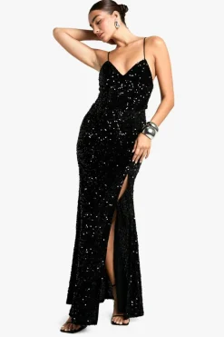 Cami Dresses|Maxi Dresses*boohoo Velvet Sequin Slip Maxi Dress black