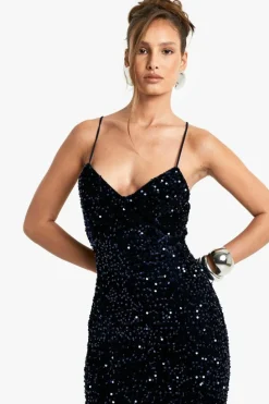 Cami Dresses|Maxi Dresses*boohoo Velvet Sequin Slip Maxi Dress navy