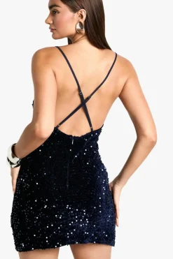 Cami Dresses*boohoo Velvet Sequin Slip Mini Dress navy