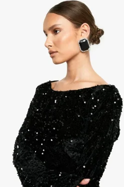 Mini Dresses|Long Sleeve Dresses*boohoo Velvet Sequin Tie Back Shift Dress black