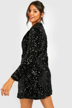 Blazer Dresses|Wrap Dresses*boohoo Velvet Sequin Wrap Blazer Party Dress black