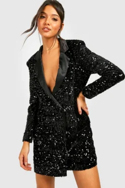 Blazer Dresses|Wrap Dresses*boohoo Velvet Sequin Wrap Blazer Party Dress black