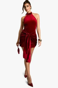 Bodycon Dresses*boohoo Velvet Tie Waist Racer Mini Dress red
