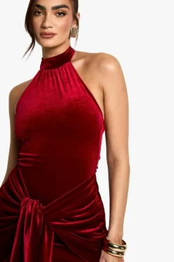 Bodycon Dresses*boohoo Velvet Tie Waist Racer Mini Dress red