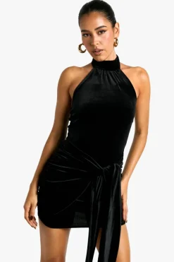 Bodycon Dresses*boohoo VELVET TIE WAIST RACER MINI DRESS black