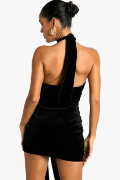Bodycon Dresses*boohoo VELVET TIE WAIST RACER MINI DRESS black