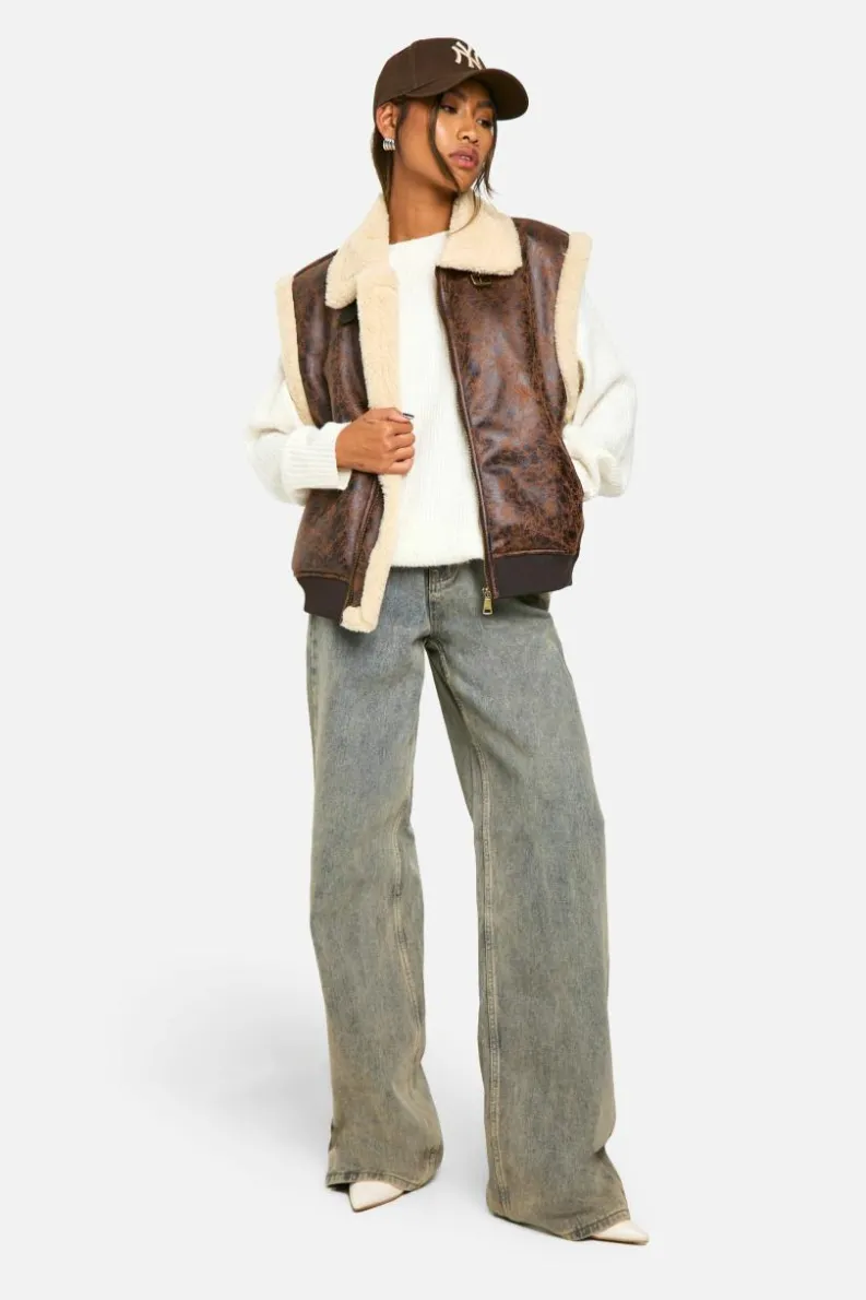 Up To 80% Off Winter Warmers|Gilets*boohoo Vintage Look Bonded Aviator Gilet brown