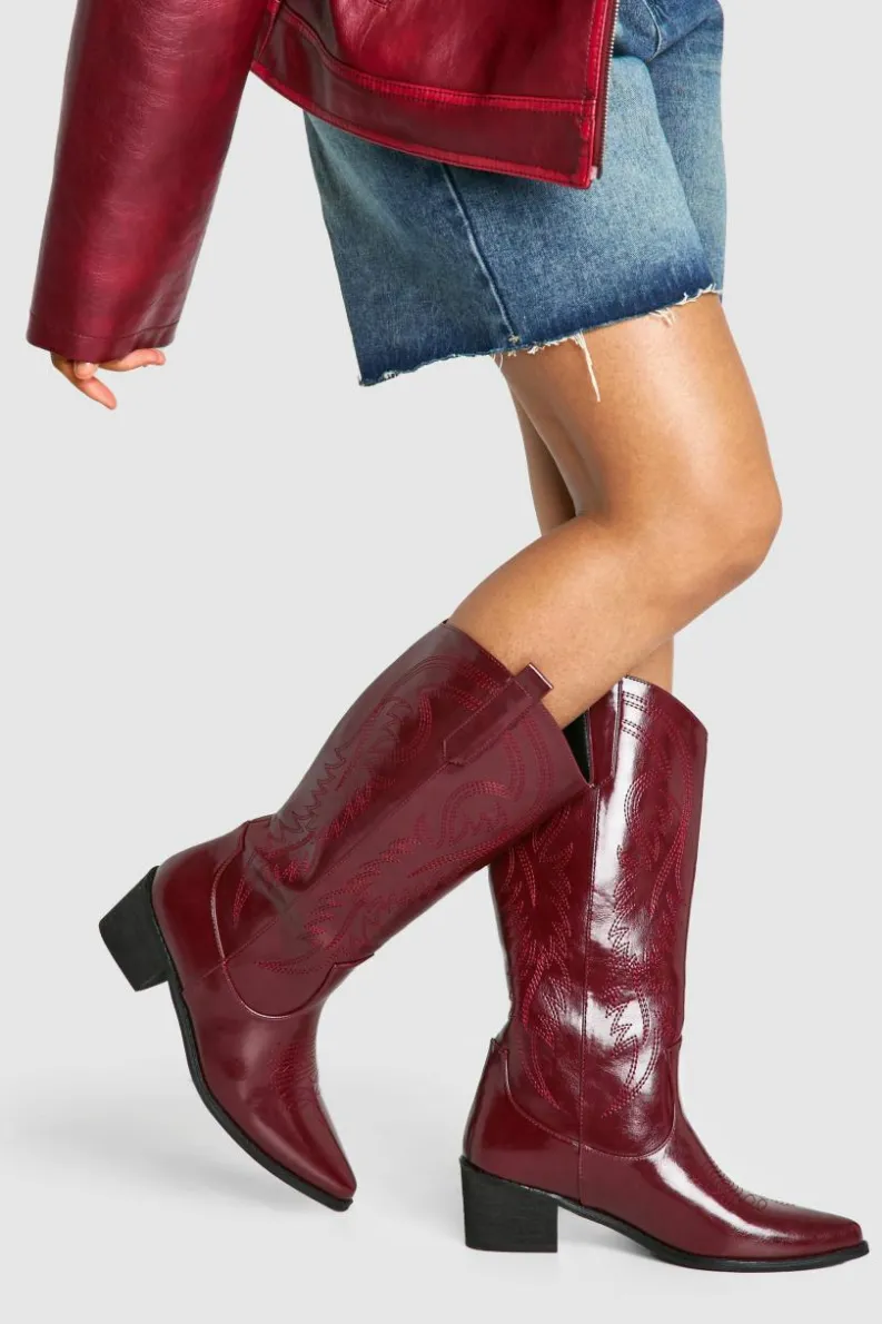 Cowboy Boots|All Boots*boohoo Vintage Look Calf Detail Embroidered Western Cowboy Boots oxblood