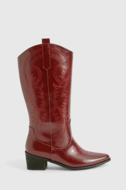 Cowboy Boots|All Boots*boohoo Vintage Look Calf Detail Embroidered Western Cowboy Boots oxblood