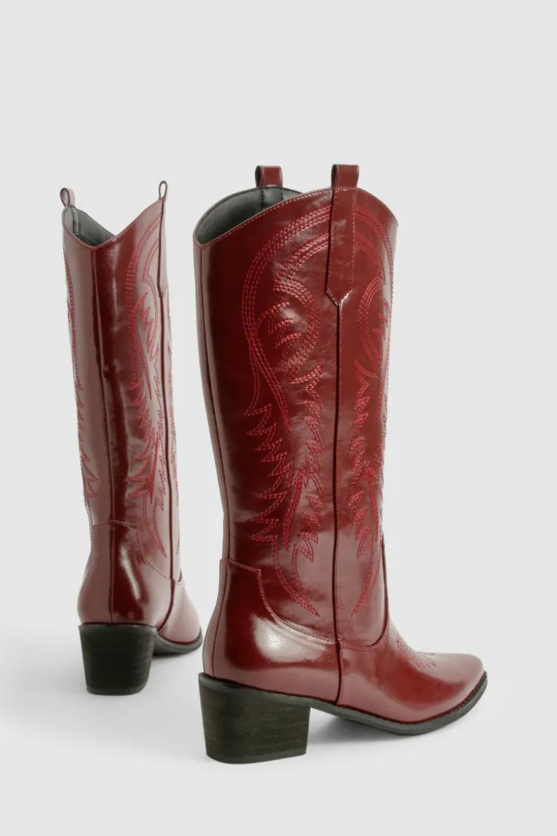 Cowboy Boots|All Boots*boohoo Vintage Look Calf Detail Embroidered Western Cowboy Boots oxblood
