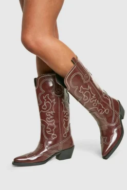 Cowboy Boots*boohoo Vintage Look Calf Detail Embroidered Western Cowboy Boots oxblood