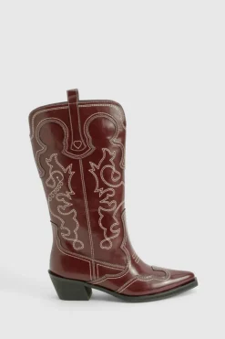 Cowboy Boots*boohoo Vintage Look Calf Detail Embroidered Western Cowboy Boots oxblood