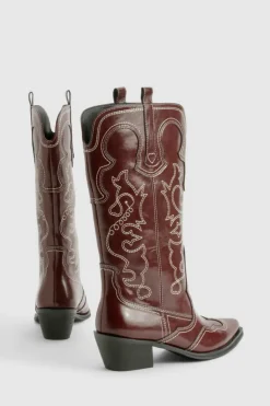 Cowboy Boots*boohoo Vintage Look Calf Detail Embroidered Western Cowboy Boots oxblood