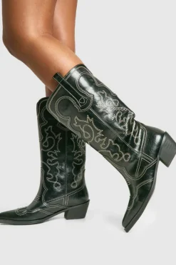 Cowboy Boots|All Boots*boohoo Vintage Look Calf Detail Embroidered Western Cowboy Boots black