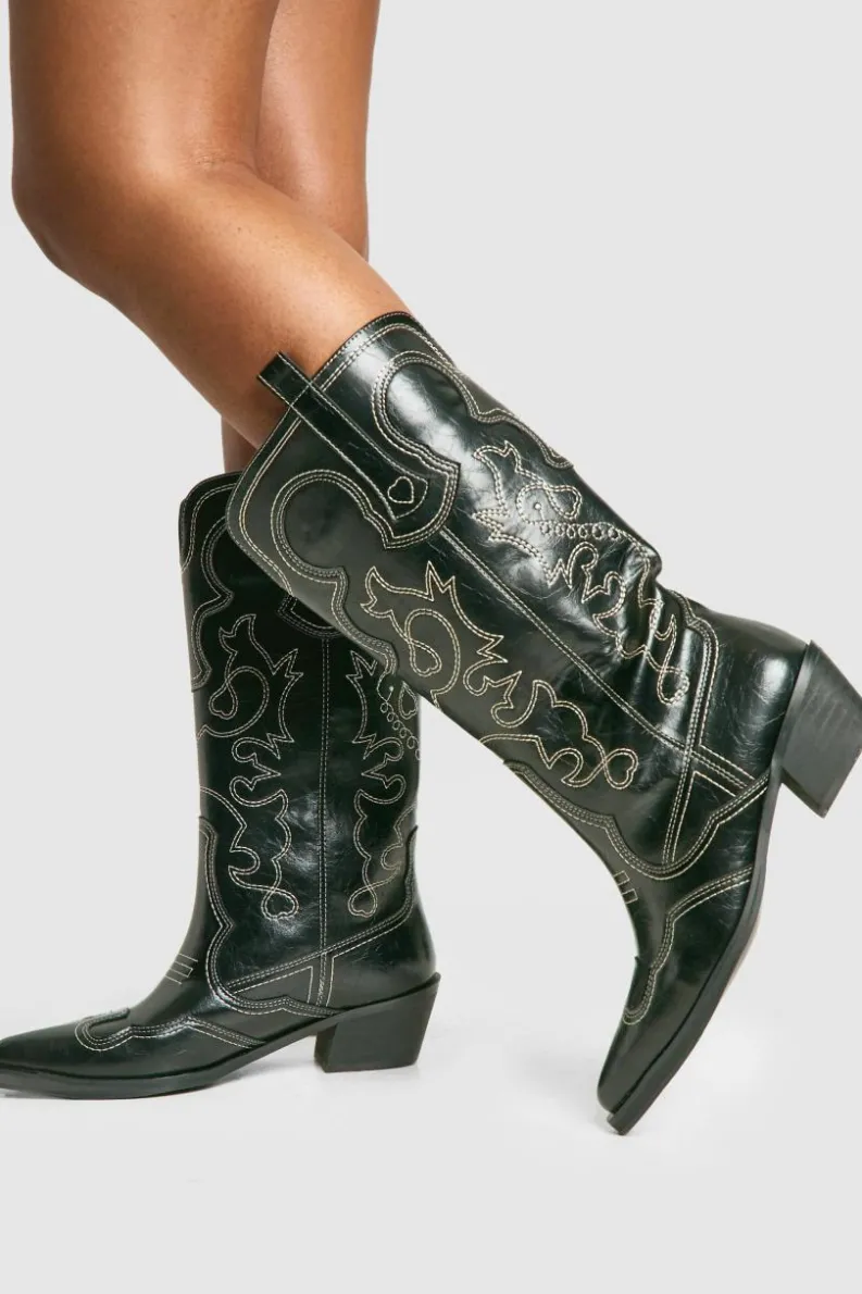 Cowboy Boots|All Boots*boohoo Vintage Look Calf Detail Embroidered Western Cowboy Boots black