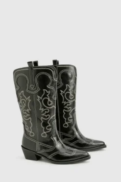 Cowboy Boots|All Boots*boohoo Vintage Look Calf Detail Embroidered Western Cowboy Boots black