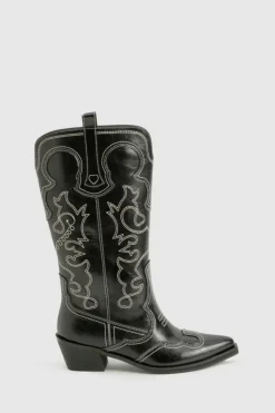 Cowboy Boots|All Boots*boohoo Vintage Look Calf Detail Embroidered Western Cowboy Boots black