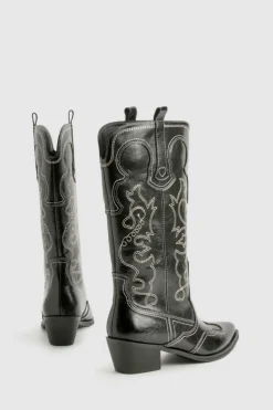 Cowboy Boots|All Boots*boohoo Vintage Look Calf Detail Embroidered Western Cowboy Boots black