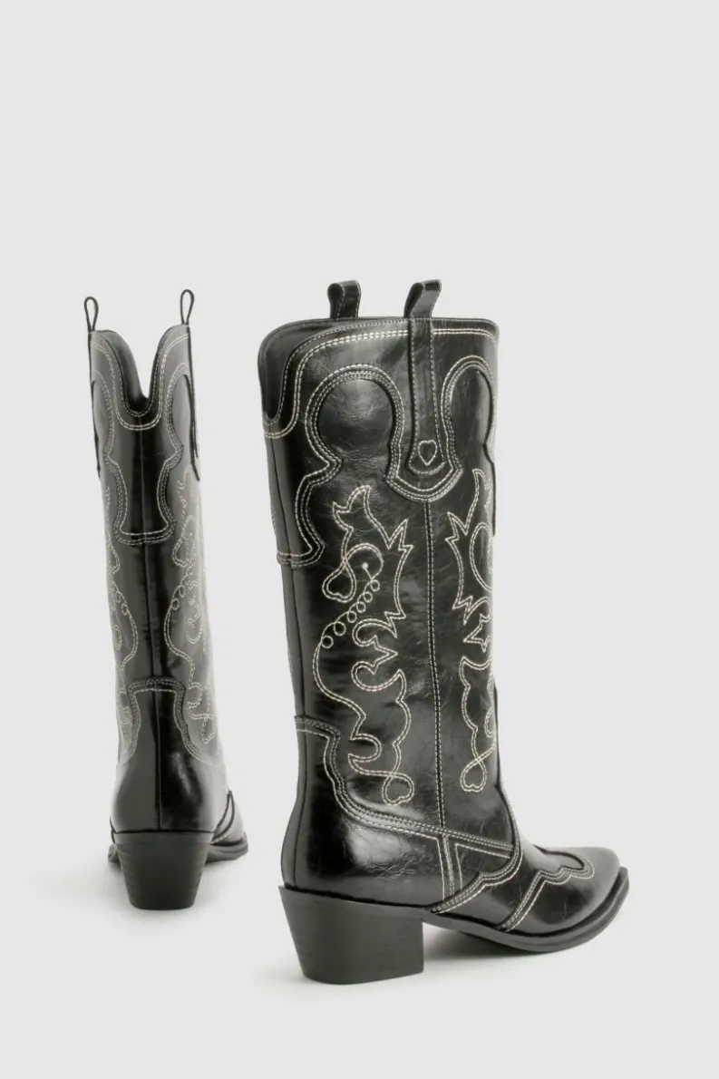 Cowboy Boots|All Boots*boohoo Vintage Look Calf Detail Embroidered Western Cowboy Boots black
