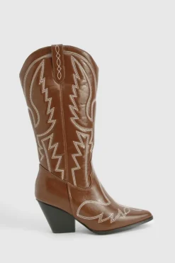 Calf High Boots|Cowboy Boots*boohoo Vintage Look Calf High Western Cowboy Boots brown