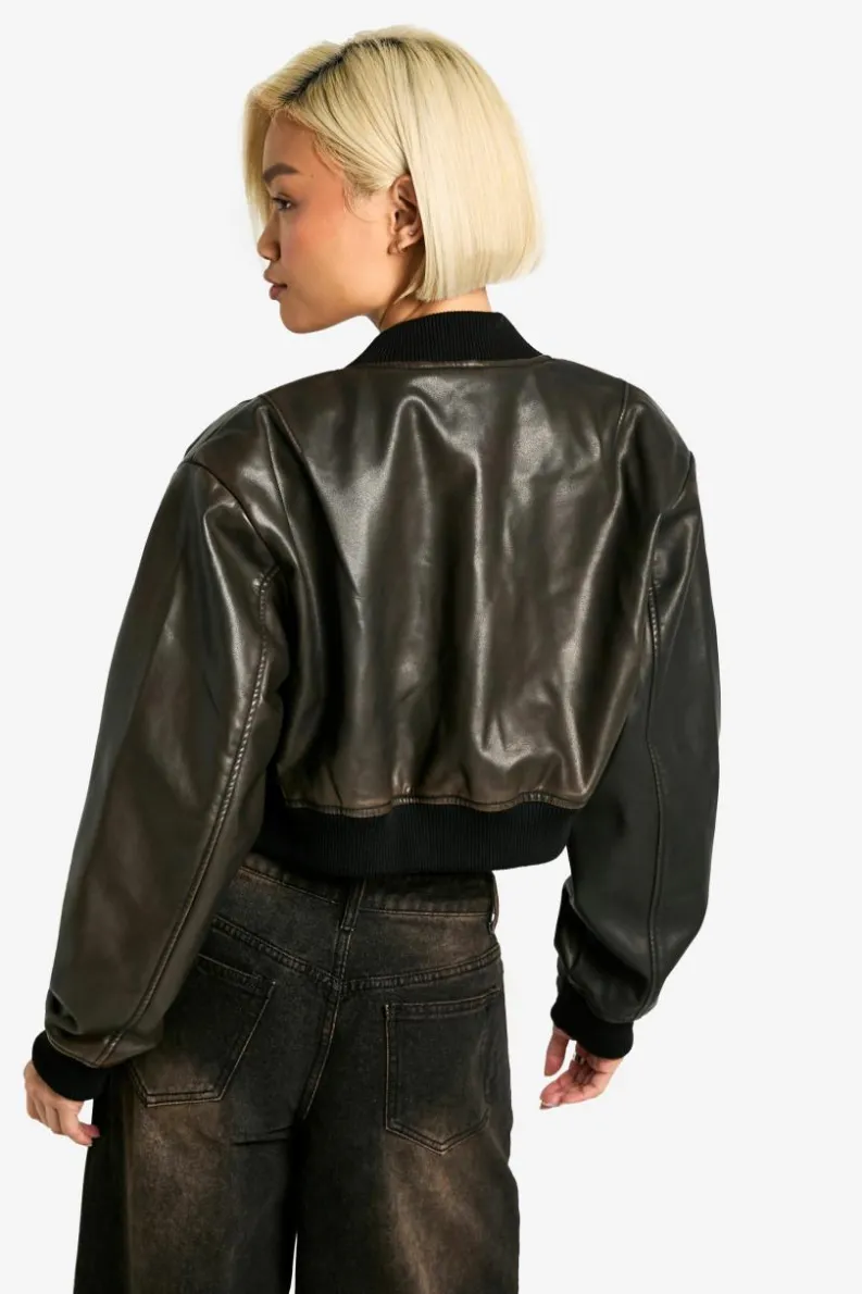 Up To 80% Off Winter Warmers|Bomber Jackets*boohoo Vintage Look Faux Leather Cropped Bomber Jacket brown