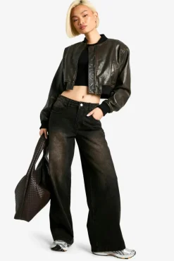 Up To 80% Off Winter Warmers|Bomber Jackets*boohoo Vintage Look Faux Leather Cropped Bomber Jacket brown