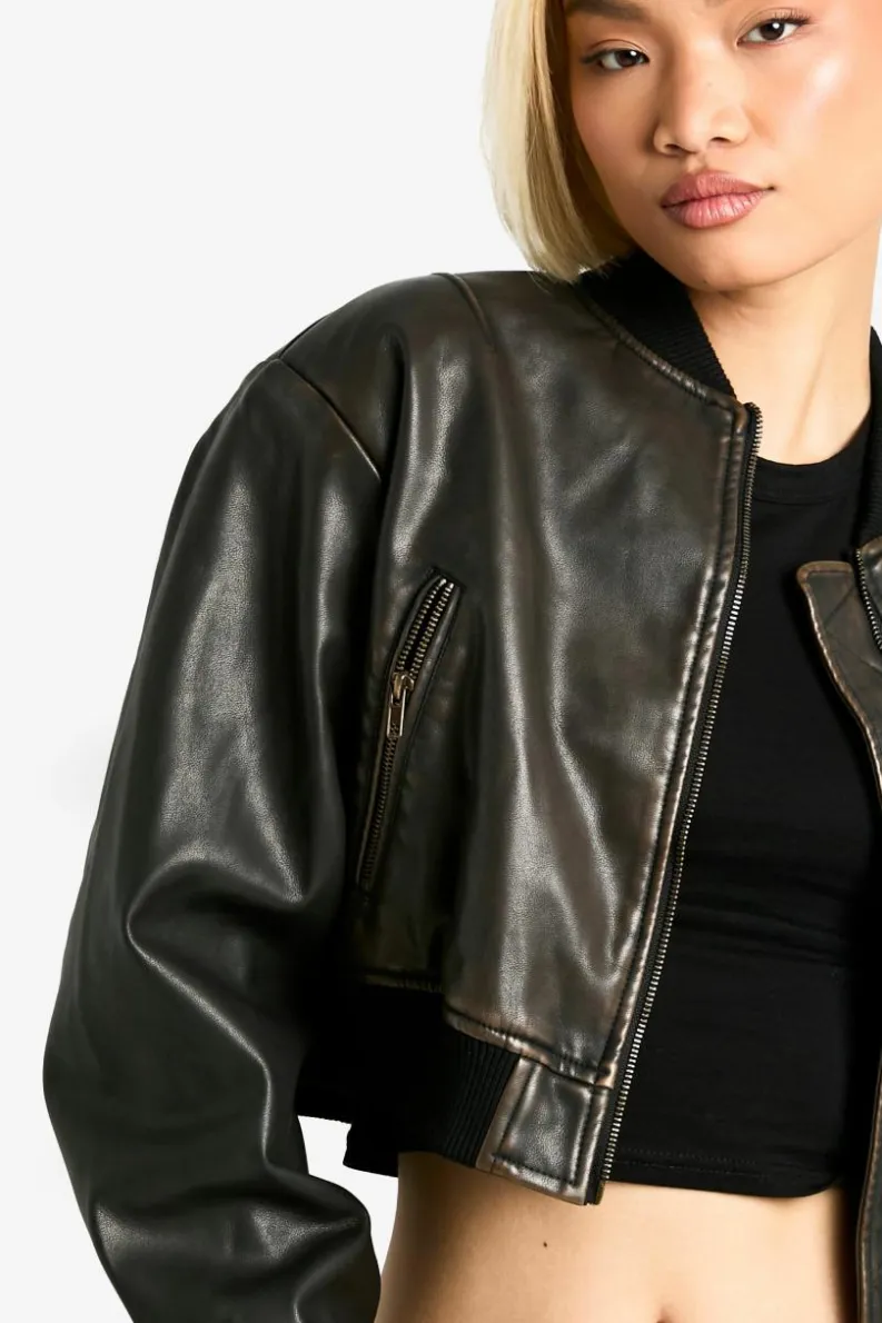 Up To 80% Off Winter Warmers|Bomber Jackets*boohoo Vintage Look Faux Leather Cropped Bomber Jacket brown