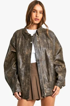 Up To 80% Off Winter Warmers|Coats & Jackets*boohoo Vintage Look Faux Leather Bomber Jacket brown