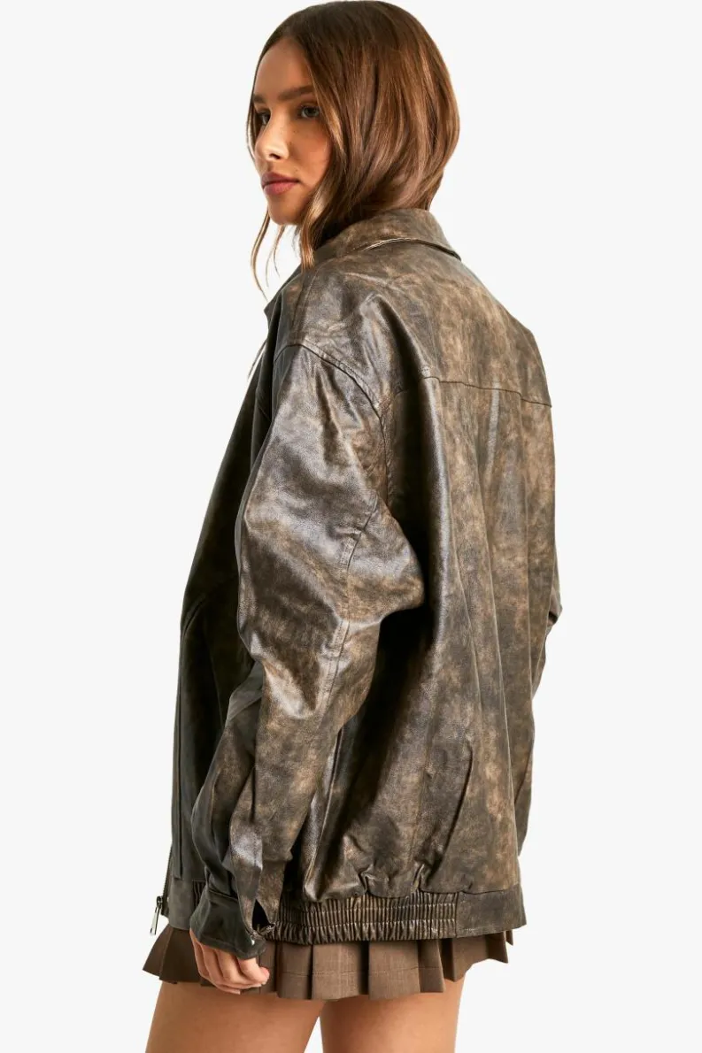 Up To 80% Off Winter Warmers|Coats & Jackets*boohoo Vintage Look Faux Leather Bomber Jacket brown