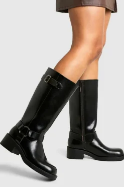 Over The Knee Boots|Knee High Boots*boohoo Vintage Look Harness Detail Biker Knee High Boot brown